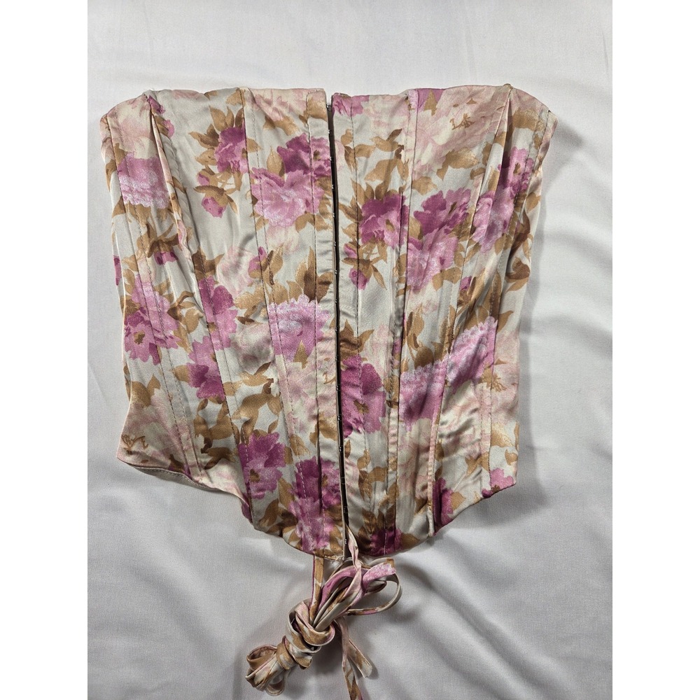 Floral Satin Corset Top Pink Lace Up Back Boned Bodice